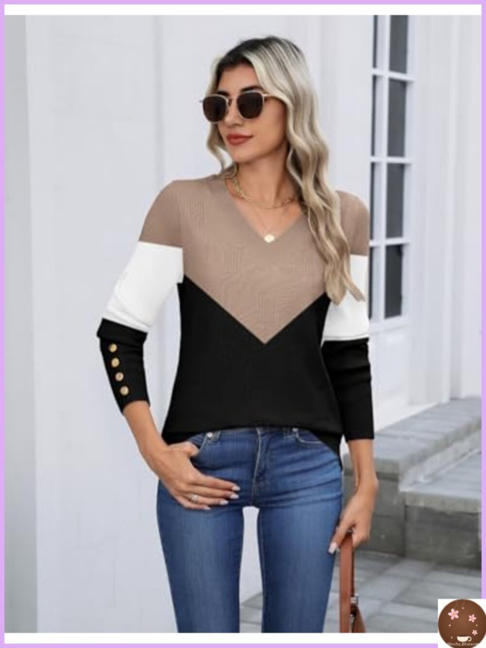 Women's V-Neck Lightweight Pullover Sweater with Buttons & Ribbed Knit Pattern - Picture 2 of 6